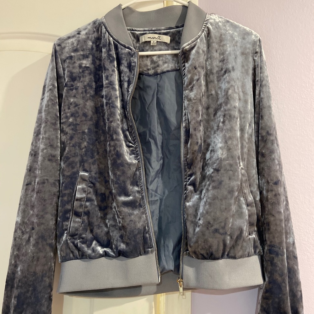 Grey and blue velvet jacket.